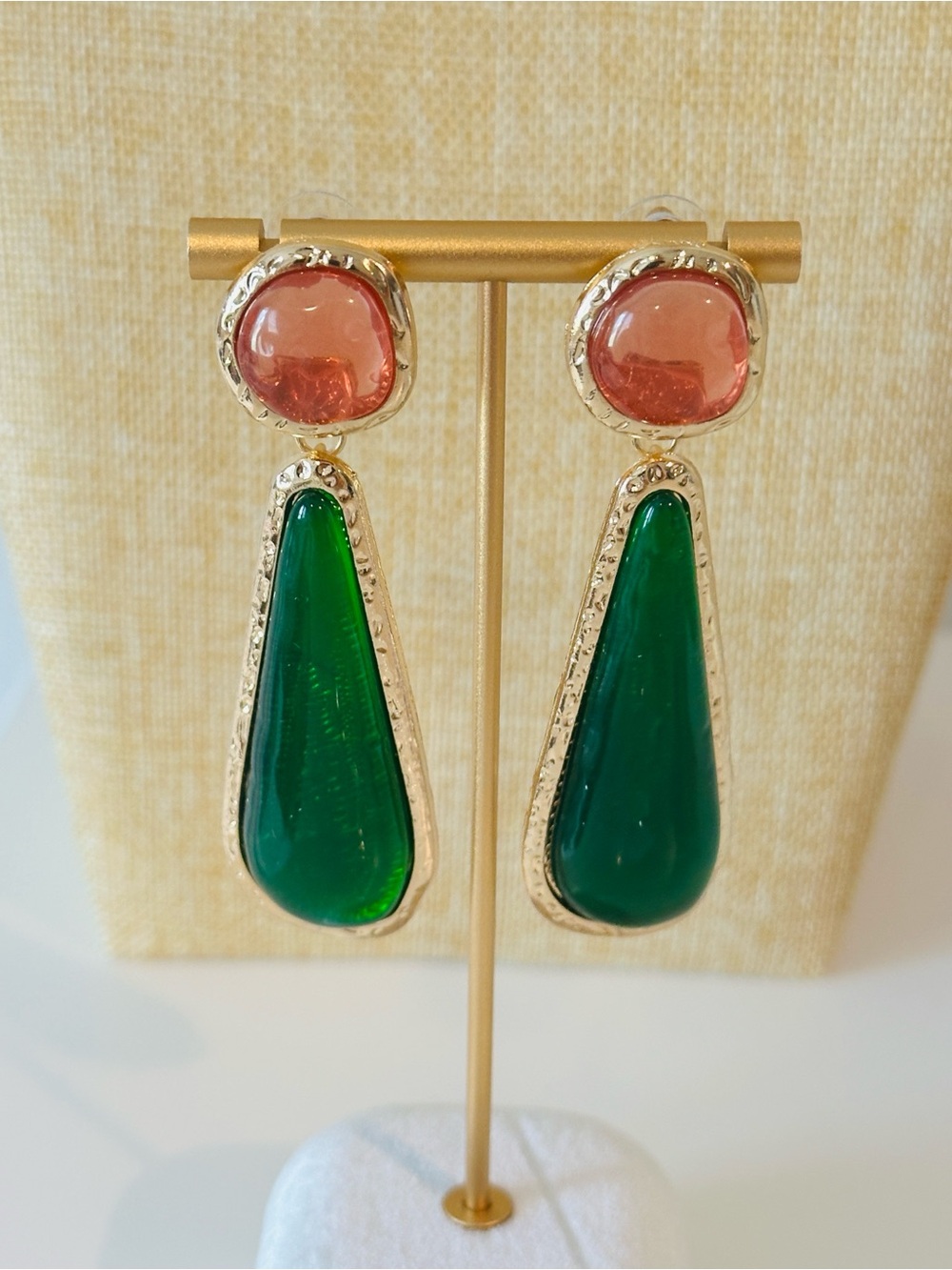 Fashion Jewelry Gold-Tone Green & Pink Drop Earrings